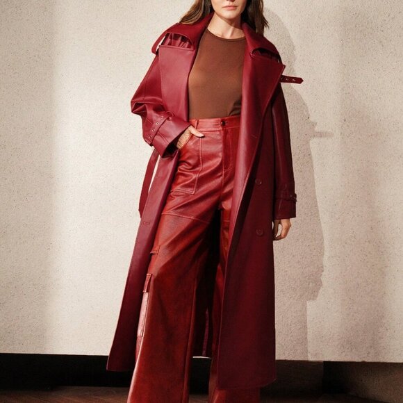 Red Elegant Women's faux leather Double Breasted belted Long Trench Coat - Picture 4 of 7